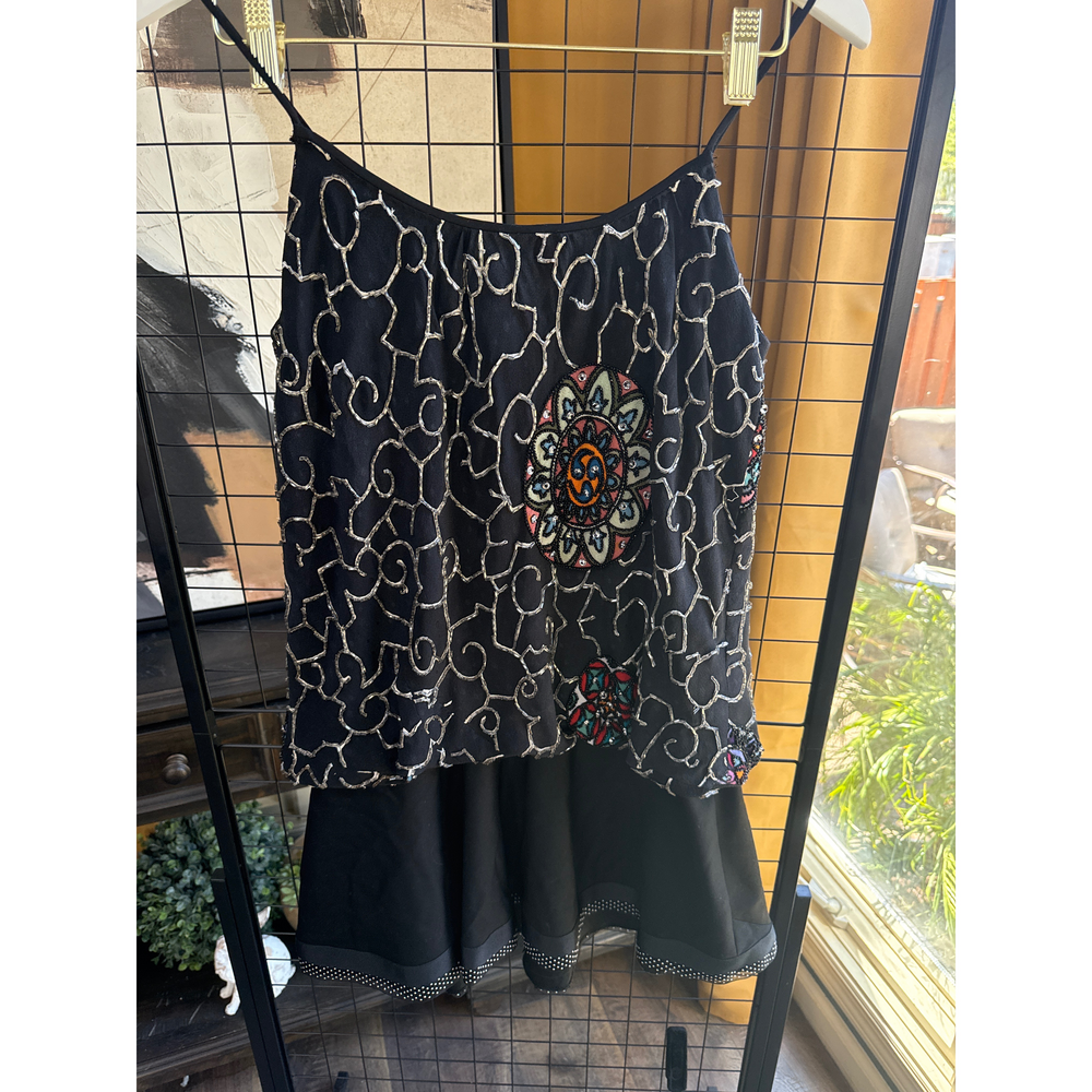 Black Beaded Tank Top With Floral Appliques - Picture 2 of 4